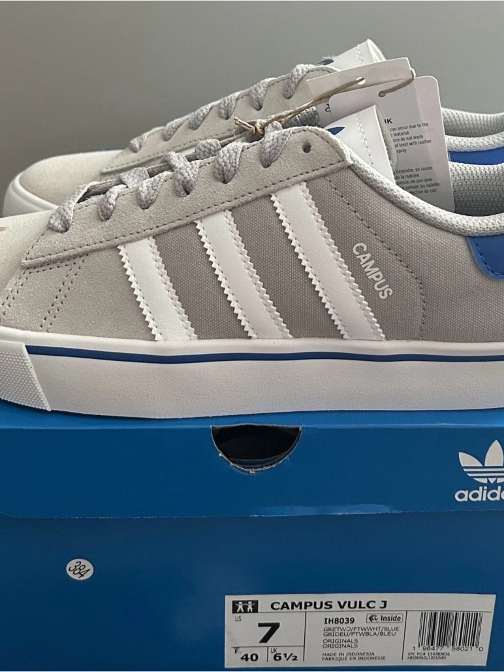 Adidas Campus Vulc Grey/White/Blue Youth 7 Women’s 8